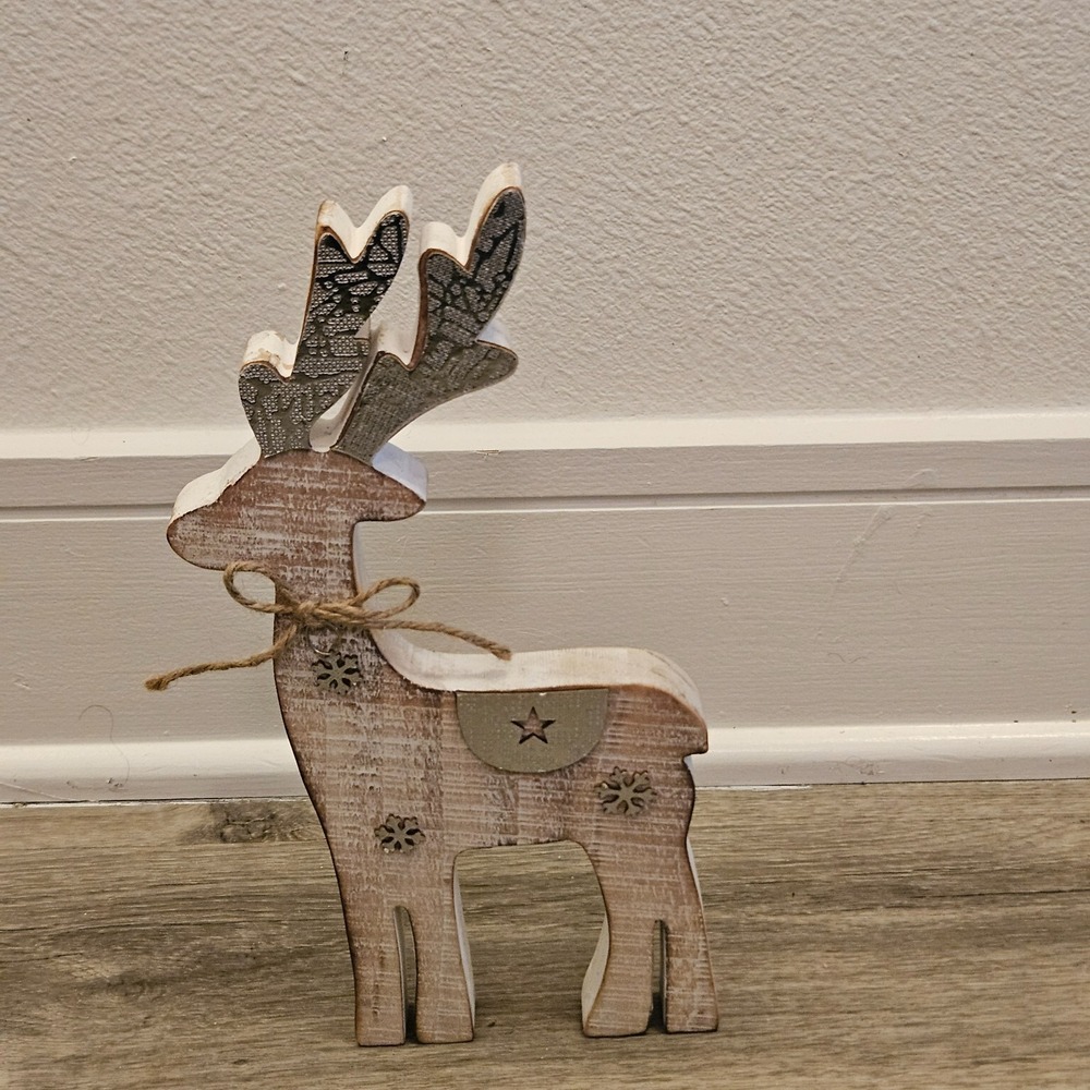 Rustic Wooden Free Standing Reindeer whitewashed finish Holiday decor figurine